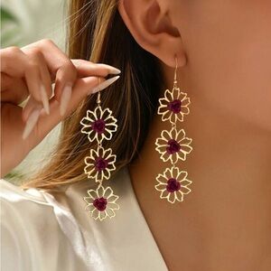 Gold Flower Earrings, Hot Pink Rose Earrings